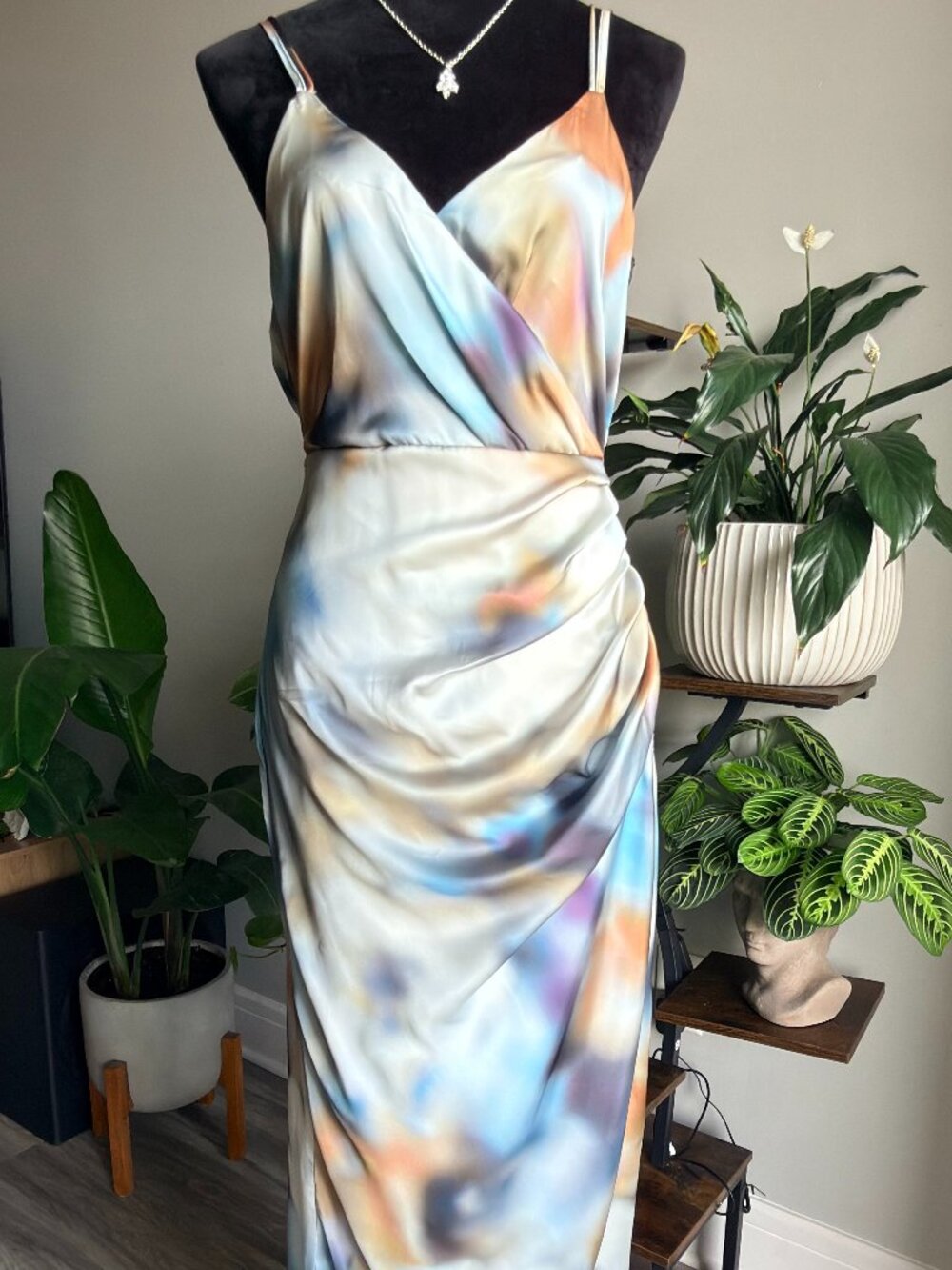 ZARA NWT Watercolor Satin Midi Dress Size S Ruched Tie Back